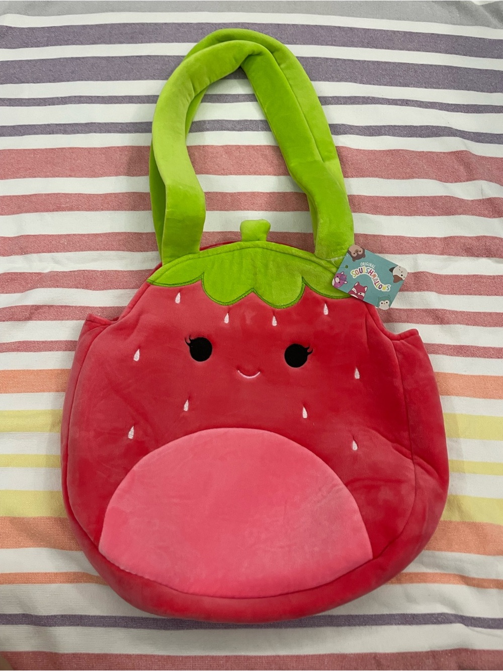 Squishmallows Plush Strawberry Tote Bag - Pink & Green